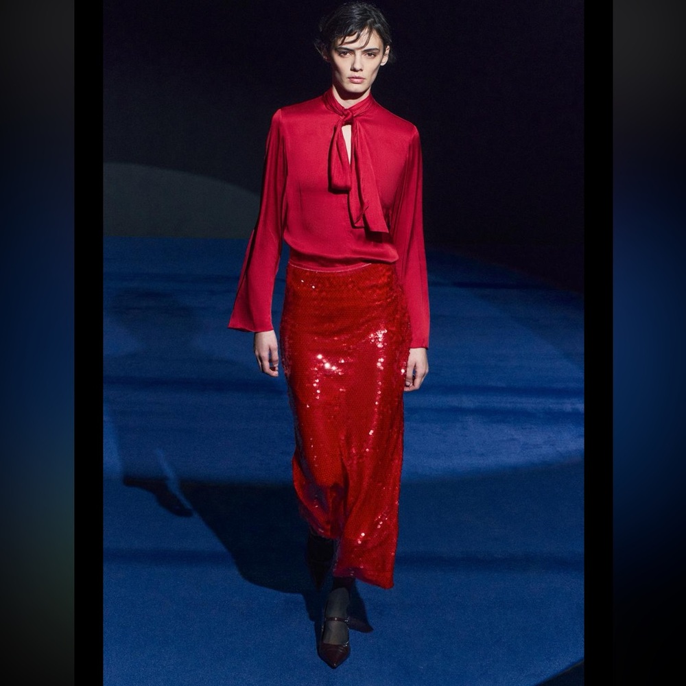 Zara red tied blouse ZW collection bow, satin